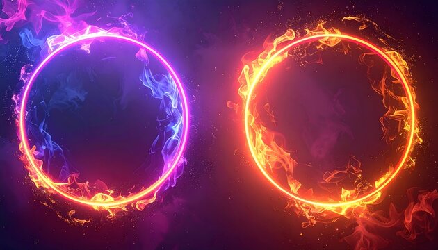 Neon glowing circle frames surrounded by hazy, colorful smoke effects on dark background, creating a mystical feel