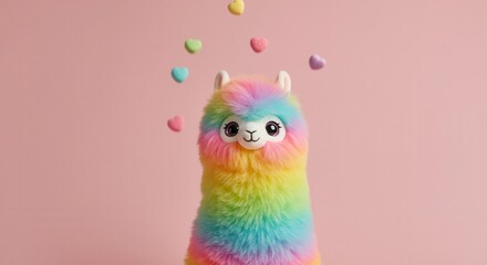 Obraz premium Fluffy rainbow colored plush animal stands against a soft pink background with falling heart shapes
