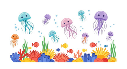 Cartoon sea scene with jellyfish fish coral and seaweed against a white background