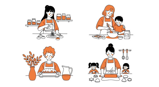 Family Fun Illustrations of Parents and Children Baking Together