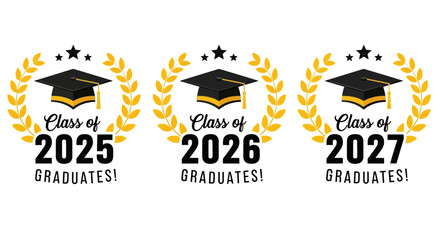 Graduation Year Badges Class of 2025, 2026, and 2027 with Laurel Wreaths and Mortarboards
