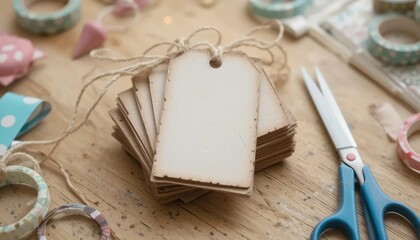 Stack of blank tags tied with twine, surrounded by craft supplies on a wooden surface.