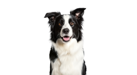 A striking black and white border collie dog looking directly at the camera with an alert expression isolated on transparent background