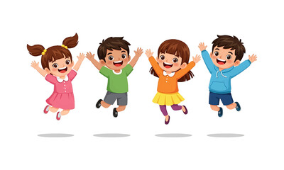 Four happy cartoon children are jumping in the air with their arms raised, smiling and having fun.