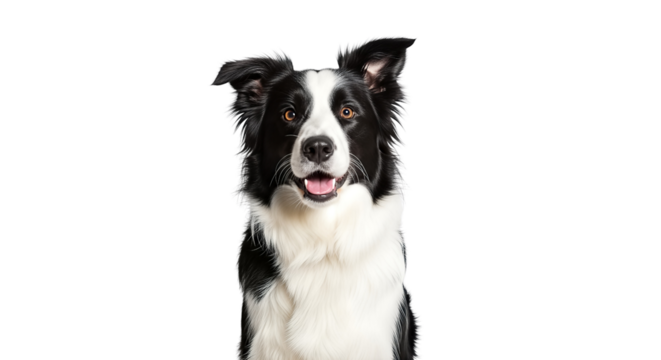 A striking black and white border collie dog looking directly at the camera with an alert expression isolated on transparent background