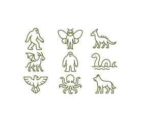 Legendary Cryptids and Mythical Creatures Icon Set Exploring Folklore Mysteries