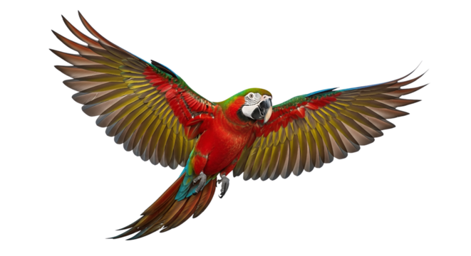 A vibrant macaw parrot in mid flight with wings spread wide isolated on transparent background
