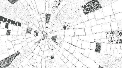 Radial pattern of cracked stone mosaic tiles in black and white vector