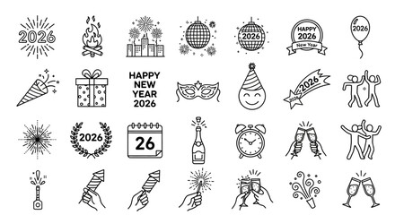 A vibrant collection of festive line icons celebrating Happy New Year 2026, featuring party elements, fireworks, champagne, and joyful moments for seasonal designs
