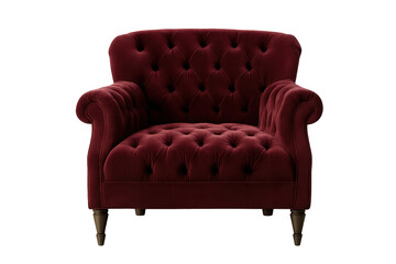 Red velvet armchair with tufted upholstery, classic elegant furniture for interior design and comfortable living, transparent background