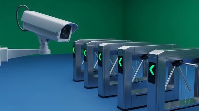 Security camera monitors a row of turnstile gates with green arrows