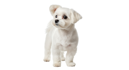 Adorable fluffy white Maltese puppy standing and looking to the side isolated on transparent background