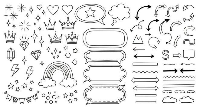 Hand-drawn Doodle Vector Design Elements Collection with Stars, Hearts, Arrows, Frames, and Crowns for Decorative and Celebratory Graphic Projects