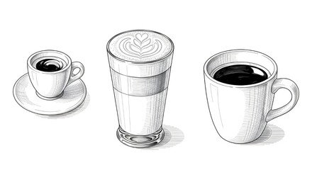 A hand-drawn sketch illustration of three coffee types: espresso, latte macchiato, and black coffee in different cups.