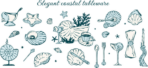 Hand drawn doodle set of coastal tableware and decor in soft pastels: shell shaped plate, glass, cutlery, coral elements, napkin holder, tentacle candlestick, starfish plate