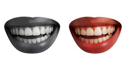 Two contrasting mouths with perfect white teeth one in grayscale and one in vibrant color isolated on transparent background