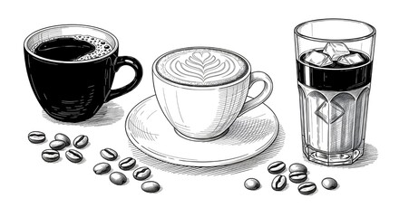 Obraz premium Detailed black and white illustration of various coffee drinks including hot black coffee, a latte with art, and iced coffee, accompanied by scattered coffee beans.