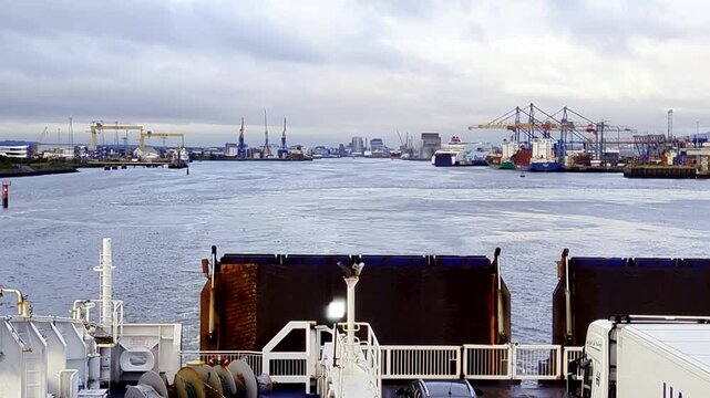 The view from the back of a ferry leaving the Port of Belfast in Ireland.