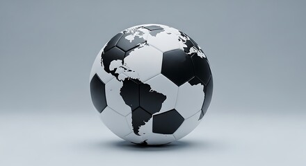 Global soccer ball with continents depicted on its panels, symbolizing worldwide sport and international competition.