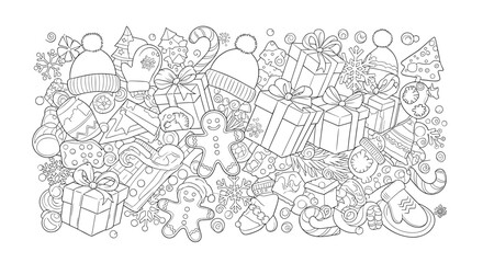 Obraz premium A cheerful, intricate doodle pattern showcasing a festive collection of Christmas and winter holiday objects, perfect for a detailed coloring page.