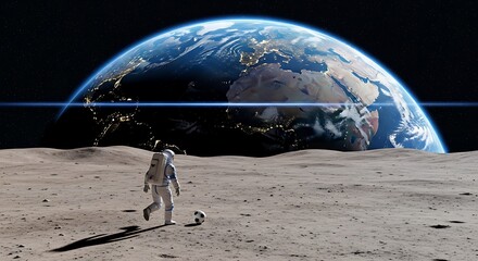 Astronaut plays soccer on the moon with Earth glowing majestically in the background, a surreal cosmic adventure awaits