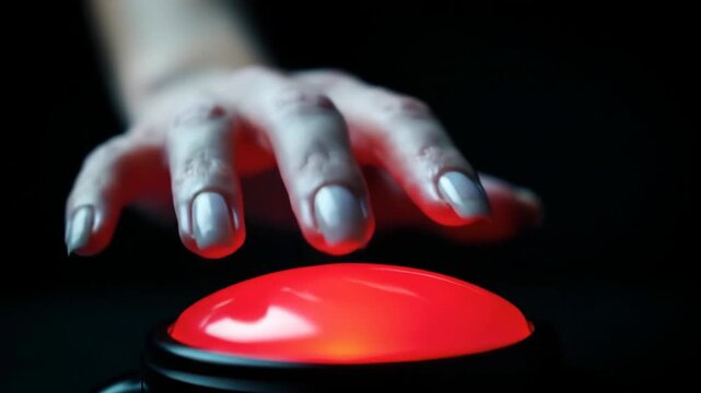 Hand reaching for red button against dark background, concept of choice, decision, or action