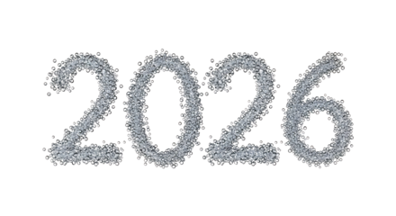 Year 2026, Formed by Sparkling Diamond-like Spheres on Black, cutout, PNG isolated on a white or transparent background, AI