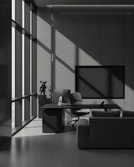 Sunlight casts long shadows across a modern, monochromatic office interior.