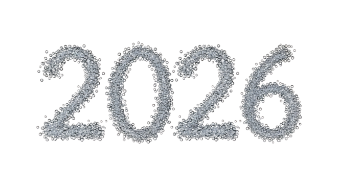 Year 2026, Formed by Sparkling Diamond-like Spheres on Black, cutout, PNG isolated on a white or transparent background, AI