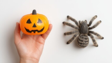 Top view of halloween decorations with a cat’s paw holding a carved jack o’ lantern and a realistic spider on a white background