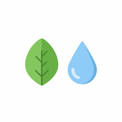 A vibrant green leaf and a clear blue water droplet depicted side by side on a clean white background, symbolizing nature and hydration.