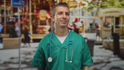 Man in green scrubs with stethoscope making heart gesture at outdoor fair background.