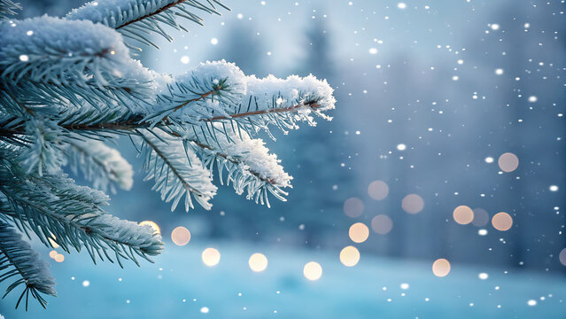 A serene winter scene featuring a snowcovered pine branch with delicate snowflakes falling, illuminated by soft, glowing bokeh lights in the background, creating a magical and festive atmosphere