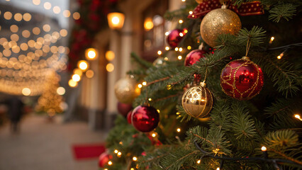 Beautiful Christmas Tree Adorned with Ornaments and Warm Bokeh Lights