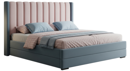 Luxurious upholstered bed with tall headboard transparent background cutout png