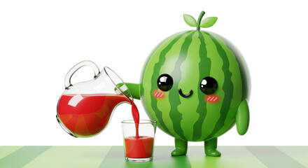 Cute watermelon character with smiling face pouring fresh red juice from glass pitcher into clear glass, playful and cheerful, isolated on white background
