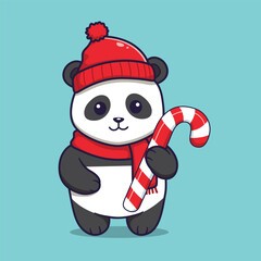 Cute Panda with Candy Cane in Winter Outfit . Christmas Vector Illustration