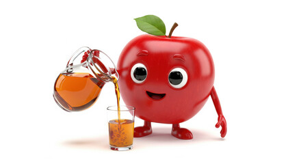 Cheerful red apple character with big eyes pouring fresh juice from glass pitcher into clear glass, isolated on white background, healthy and playful concept
