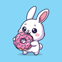 Cute Bunny Eating Pink Donut with Sprinkles . Sweet Food Vector Illustration