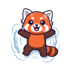 Cute Red Panda Making Snow Angel . Winter Fun Vector Illustration