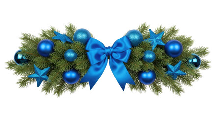 Christmas wreath with blue ornaments and bow transparent background cutout png