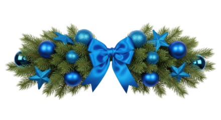 Christmas wreath with blue ornaments and bow transparent background cutout png