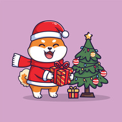 Cute Shiba Inu Dog with Christmas Tree and Gift. Festive Holiday Vector Illustration
