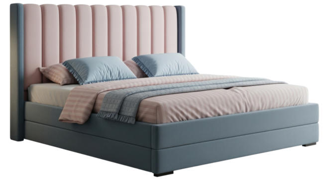 Luxurious upholstered bed with tall headboard transparent background cutout png