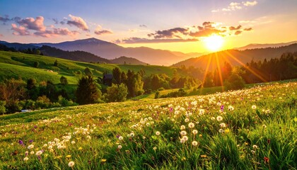 Golden Sunset Over Mountain Meadow with Dandelions.