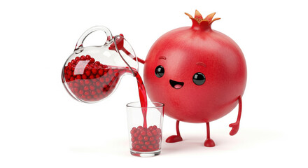Cheerful pomegranate character pouring fresh red juice into glass, with vibrant seeds and playful expression, isolated on white background, healthy and fun concept