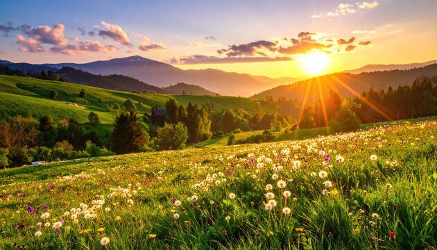 Golden Sunset Over Mountain Meadow with Dandelions.