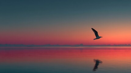 Fototapeta premium Single tiny bird flying across a soft gradient sky in minimal calm composition, perfect for presentation templates, marketing visuals, and corporate dashboard backgrounds