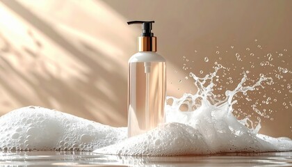 Transparent liquid soap dispenser stands beside bubbling foam with water splashing dramatically in a soft, neutral color palette.