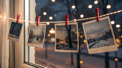 Winter landscape photos hanging on a string with clothespins against a window with bokeh lights, capturing the beauty and serenity of snowy scenes